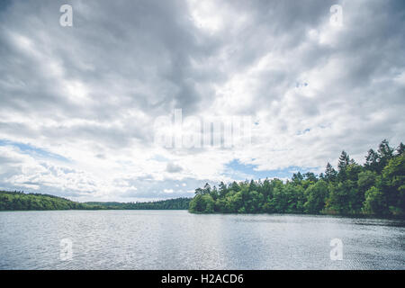 Sombres nuages sur un lac de forêt en Scandinavie Banque D'Images