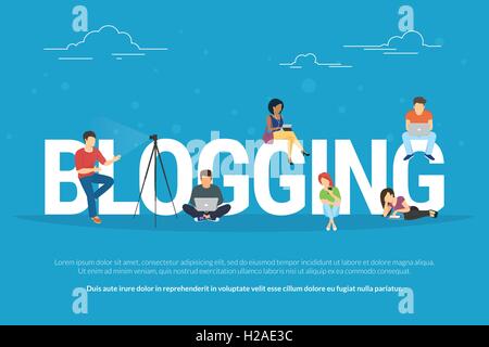 Blogging concept illustration de jeunes using laptop Illustration de Vecteur