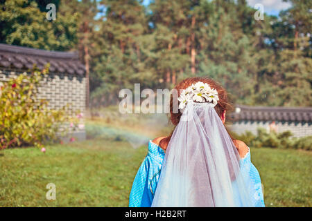 Coiffure de mariage avec voile et marguerites sur la nature Banque D'Images