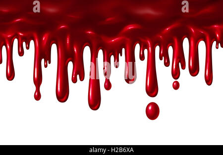 Liquide dégoulinant de sang comme une éclaboussure rouge avec des gouttes tomber comme un élément d'halloween ou le symbole de la violence et de la terreur isolé sur un fond blanc dans un style 3D illustration. Banque D'Images