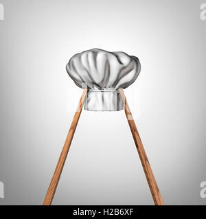 La cuisine asiatique comme une paire de baguettes à la tenue d'un chapeau de chef comme un concept de cuisine restaurant oriental et de l'est le symbole de la culture Chinois Japonais Coréen Vietnamien et thaïlandais la tradition en tant que 3D illustration. Banque D'Images