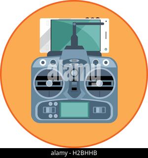 Drone bleu vecteur numérique télécommande avec antenne et téléphone mobile, dans un cercle orange, style plat Illustration de Vecteur