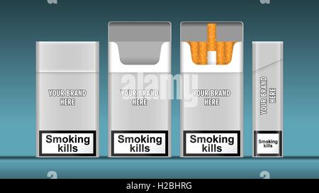 Paquet de cigarettes argent vecteur numérique immersive, l'avant et vue latérale, le tabac tue, réaliste, style plat isolé et prêt pour Illustration de Vecteur
