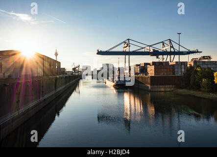 Un cargo dans le port à conteneurs de Düsseldorf est chargé Banque D'Images