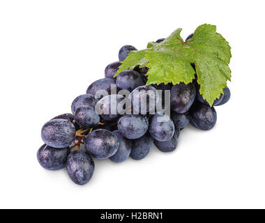 Tas de raisins noirs mûrs avec de l'eau gouttes isolé sur fond blanc Banque D'Images