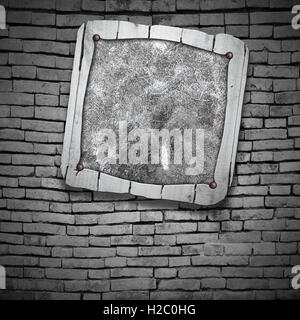 Set 8. cadre en bois rustique sur mur de brique. Illustration 3d'arrière-plan. Banque D'Images