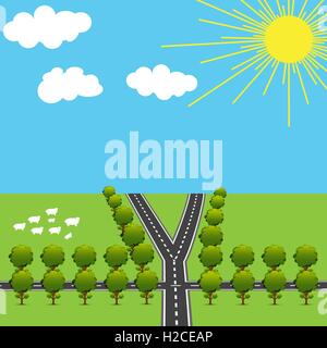 La direction générale et l'intersection des routes dans le style d'animation. Les arbres verts. Illustration du paysage. Illustration de Vecteur