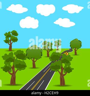 La direction générale et l'intersection des routes dans le style d'animation. Les arbres verts. Illustration du paysage. Illustration de Vecteur