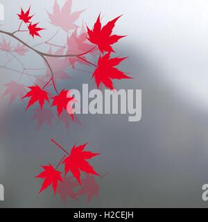 Feuilles d'érable rouge sur les branches. L'érable rouge du Japon sur un fond de montagnes dans la brume. Illustration du paysage. Illustration de Vecteur