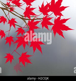 Feuilles d'érable rouge sur les branches. L'érable rouge du Japon sur un fond de montagnes aux sommets enneigés. Illustration du paysage. Illustration de Vecteur