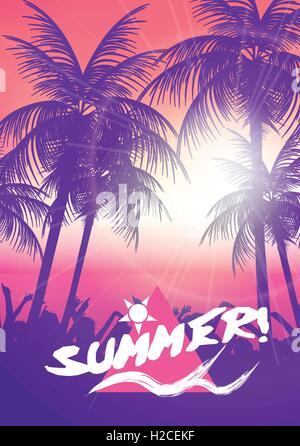 L'affiche de la fête de l'été avec l'île tropicale et de palmiers Illustration de Vecteur