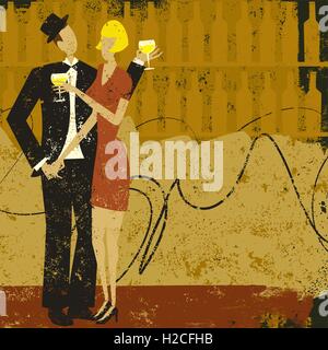 Couple drinking wine un homme et femme boire du vin ensemble sur un fond abstrait. Illustration de Vecteur