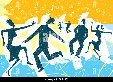 Les gens danser trois couples en silhouette dancing sur un fond abstrait. Illustration de Vecteur