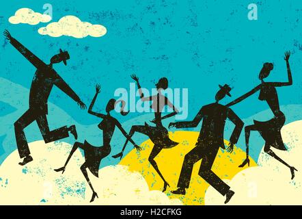 Les gens de danseurs Cloud dancing silhouette sur nuages sur ciel abstrait ensoleillée. Le peuple et l'arrière-plan sont sur l'étiquette séparée Illustration de Vecteur