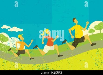 Un jogging famille famille surpoids jogging et mise en forme sur un fond abstrait park. Illustration de Vecteur