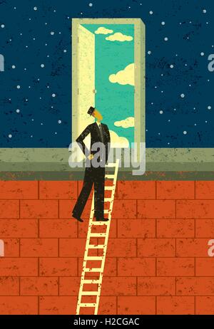 Un homme d'occasion porte à l'escalade de l'échelle organisationnelle ouvre la porte à des possibilités infinies. Illustration de Vecteur