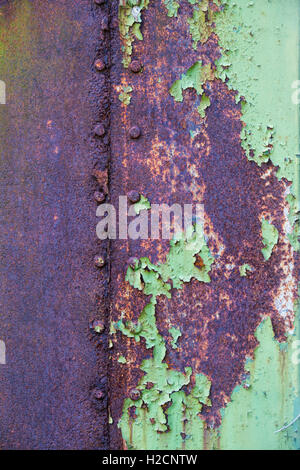 L'écaillage de la peinture avec de la rouille et des rivets texture sur une vieille porte de garage en métal Banque D'Images