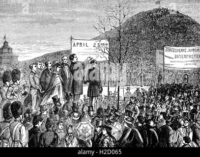 L'acteur, Samual Phelps 'Shakespeare's Oak Plantation' à Primrose Hill, Londres, 1864 En commémoration du tricentenaire de la naissance de William Shakespeare. Banque D'Images