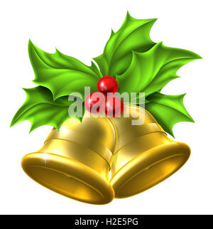 Un design de Noël de cloches d'or et un brin de houx Banque D'Images