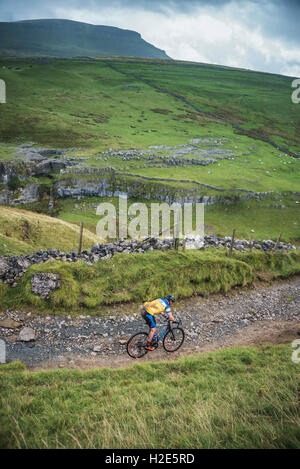 Un cavalier en ordre décroissant Penyghent dans les 3 pics 2016 cyclocross, Yorkshire Dales, au Royaume-Uni. Banque D'Images