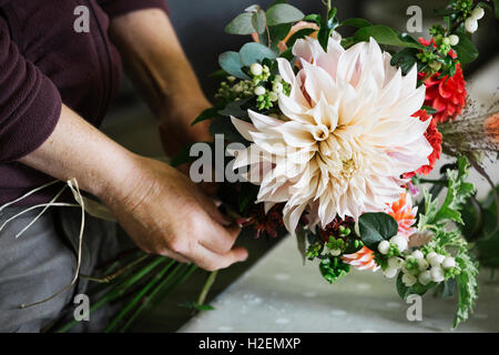 Des arrangements de fleurs biologiques. Une femme de la création d'un bouquet attachés à la main. Banque D'Images