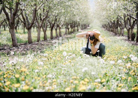 Une femme de prendre des photographies dans un verger amon g de fleurs sauvages. Banque D'Images