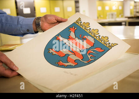 Wiesbaden, Allemagne. Sep 6, 2016. La version originale du Lion de Hesse peut être vu à la capitale de la Hesse Archives à Wiesbaden, Allemagne, 6 septembre 2016. PHOTO : FRANK RUMPENHORST/dpa/Alamy Live News Banque D'Images