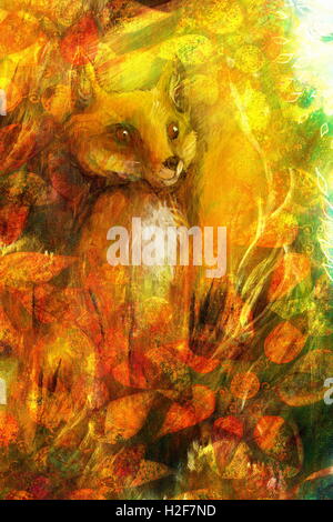 Fox Orange assis dans l'herbe dans les rayons du soleil, la peinture colorée avec ornement en feuilles Banque D'Images