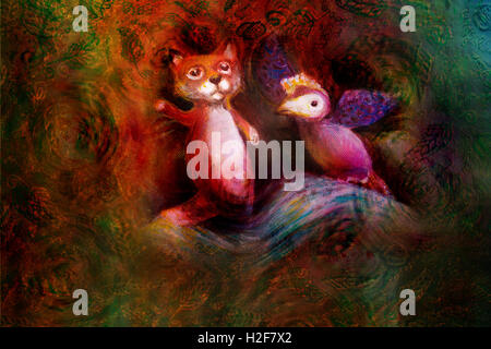 Deux marionnettes animales, Fox et violet bird, sur fond abstrait avec l'espace de texte Banque D'Images
