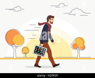 L'homme d'affaires passe à son travail avec tablette pc au lieu de sac Illustration de Vecteur