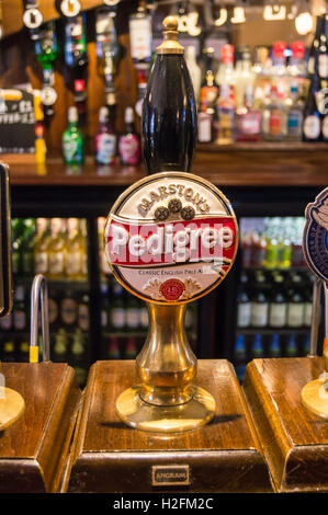 Clips de la pompe pour Marston's Pedigree sur un bar, Queen's Head Pub, Hedon, East Riding, Yorkshire, Angleterre Banque D'Images