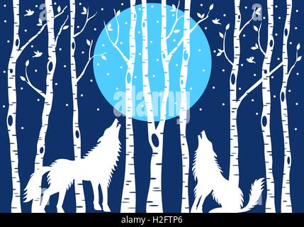 Loup hurlant à la lune bleu et blanc des bouleaux, vector illustration Illustration de Vecteur