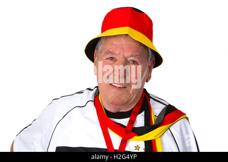 Senior Soccer fan isolé sur fond blanc Banque D'Images