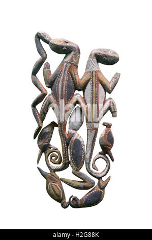 Panneau représentant des esprits d'une mens maison de cérémonie du peuple Abelam de East Sepik en Papouasie Nouvelle Guinée Banque D'Images