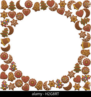 Gingerbread cookies formant un cadre rond. Illustration sur fond blanc. Banque D'Images