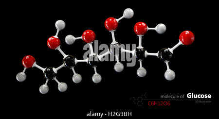 Illustration 3d de la molécule de glucose colorisée. Glucopyranose. Banque D'Images