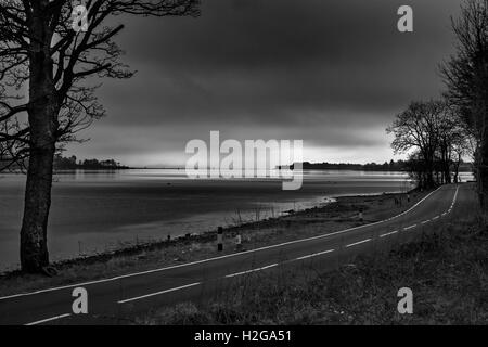 Route de campagne avec le Rhu se rétrécit dans la distance converties en noir et blanc Banque D'Images