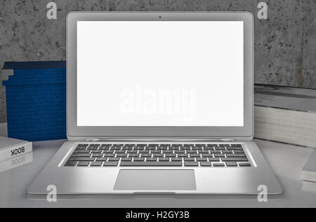 Ordinateur portable sur un bureau avec des livres - 3D Illustration Banque D'Images