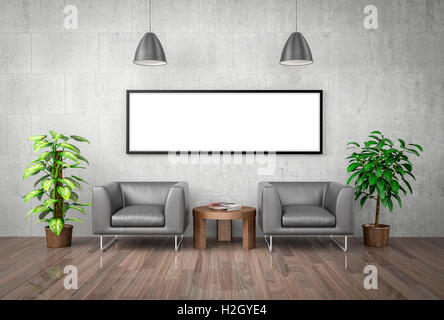 Affiche maquette sur mur de béton, dans la salle d'attente avec deux fauteuils en cuir beige et les plantes en pot. Banque D'Images