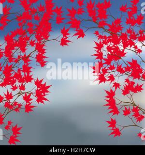 Carte de vœux de l'automne paysage. Feuilles d'érable rouges sur les branches de chaque côté. L'érable rouge du Japon sur un fond de la mer illustration Illustration de Vecteur