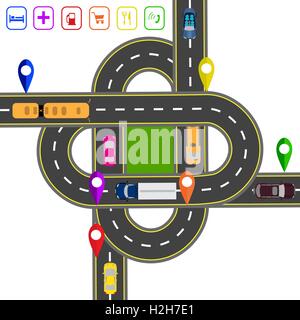 Road l'infographie. Noté sur divers objets carte. Résumé plaque tournante du transport. Les intersections des routes différentes. Image illustration Transport Illustration de Vecteur
