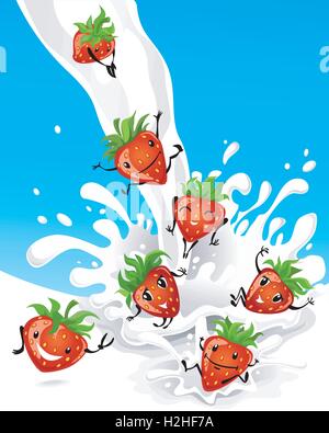 Avoir du plaisir dans le lait fraise Illustration de Vecteur