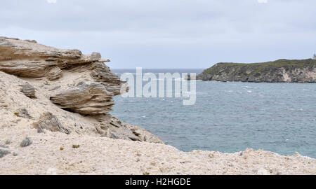 Détail de la falaise de calcaire blanc au point donnant sur une île dans le grand océan du Sud à Hamelin Bay, Australie occidentale Banque D'Images