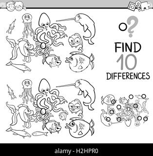 Cartoon noir et blanc Illustration de la recherche de différences activité éducative pour les enfants ayant des tâches d'origine animale Characte Sea Life Illustration de Vecteur