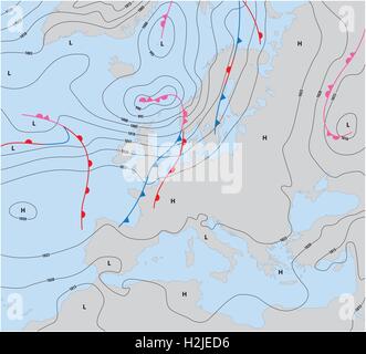 Météo imaginaire carte montrant les isobares et fronts météo Europe Illustration de Vecteur
