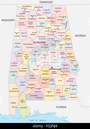 Carte administrative de l'ALABAMA Illustration de Vecteur