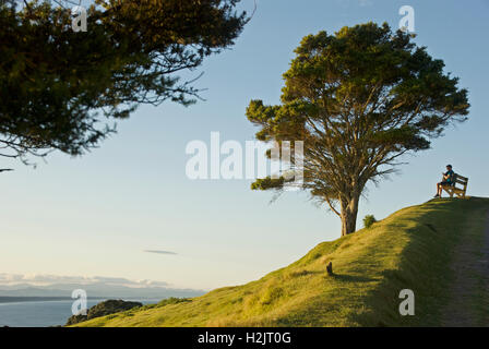 Un homme pour le coucher du soleil depuis le mont Manganui en Nouvelle-Zélande tout en restant assis sur un banc. Banque D'Images