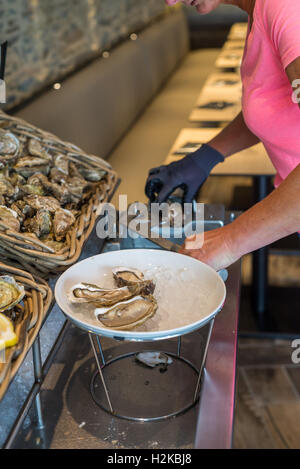 Femme préparant des huîtres au restaurant, Cancale, Bretagne, France, l'Union européenne, l'Europe. Banque D'Images