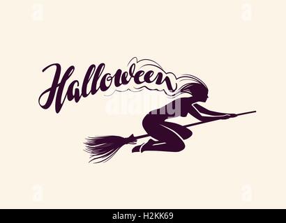 L'Halloween. Belle sorcière volant sur un balai. Carte de vœux. vector illustration Illustration de Vecteur