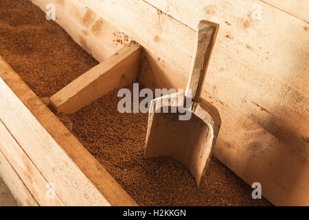 Scoop en bois dans une boîte de céréales, de l'équipement vintage moulin Banque D'Images